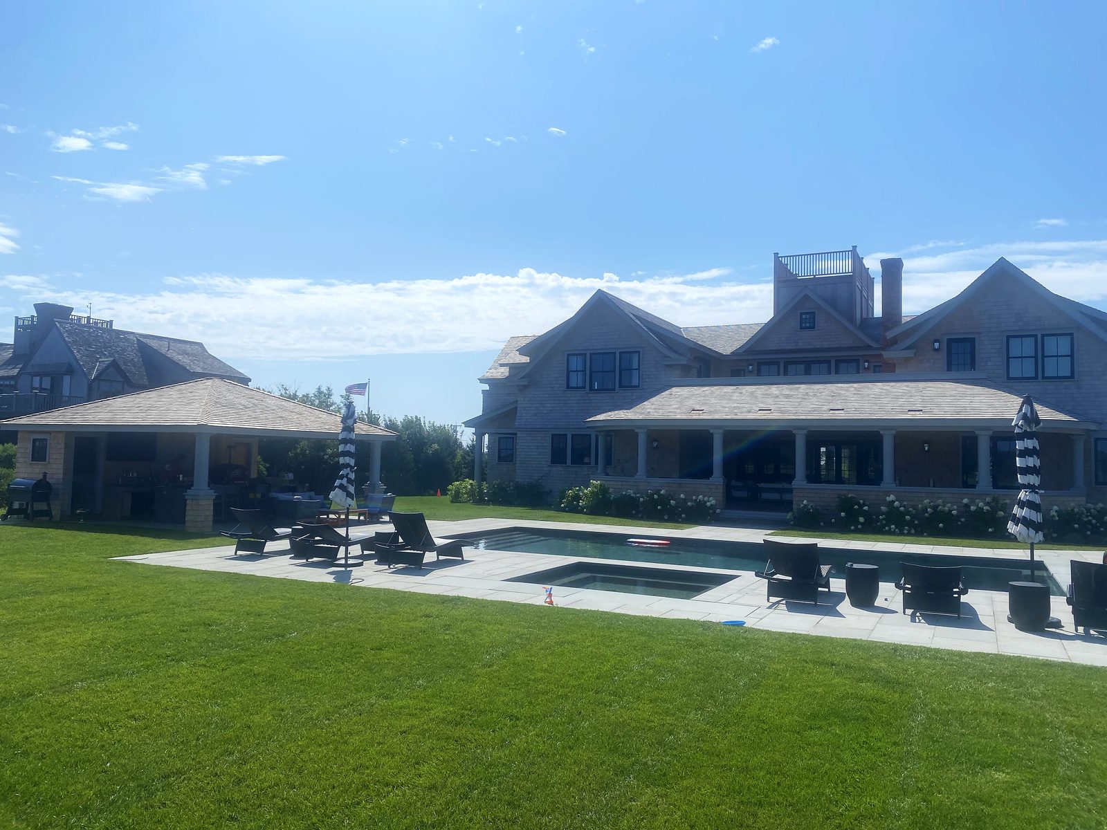 Full Nantucket estate — lawn, pool and pavilion — landscaped by Ryan Conway Landscaping